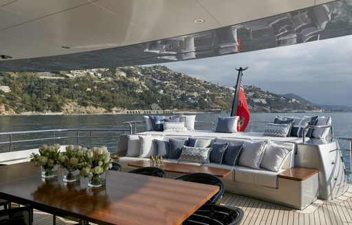 Aft main deck onboard charter yacht LADY VICTORIA with lounge area and dining in foreground