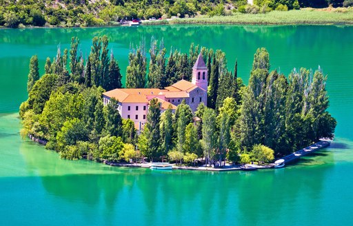 A gorgeous monastery on the island of Visovac in Krka national park, Dalmatia, Croatia