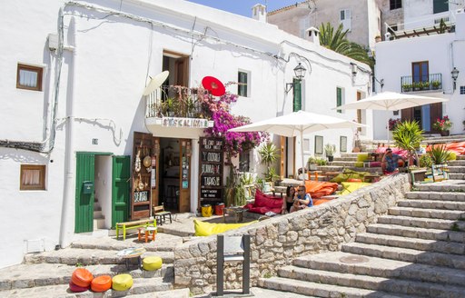 View of the Ibiza old town streets in Dalt Vila plenty of restaurants