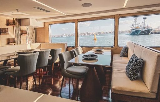 Interior dining area onboard charter yacht KONTIKI WAYRA