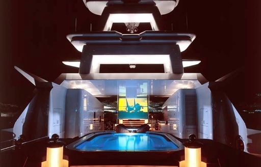luxury motor yacht LADY LOLA deck jacuzzi and outdoor movie theatre
