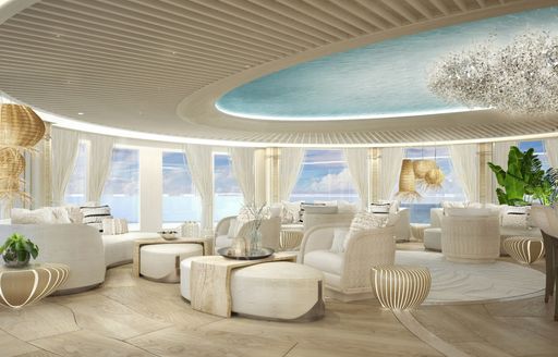 Sky lounge onboard charter yacht KISMET, multiple white upholstered seating arrangements in a well lit room with large windows