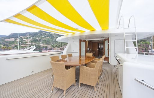 alfresco dining area under Bimini on upper deck aft of superyacht CORNELIA 