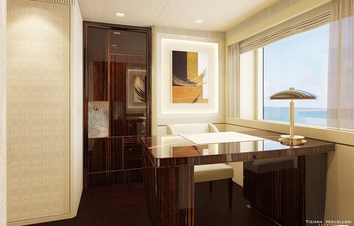 the bright and classi cstyled office in luxury charter yacht scorpion with wide window overlooking the Mediterranean coast
