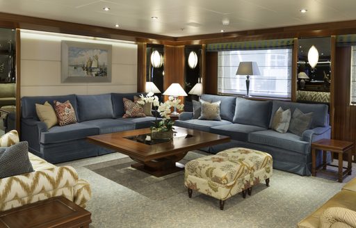 Living room area in main salon on board superyacht Lauren L 