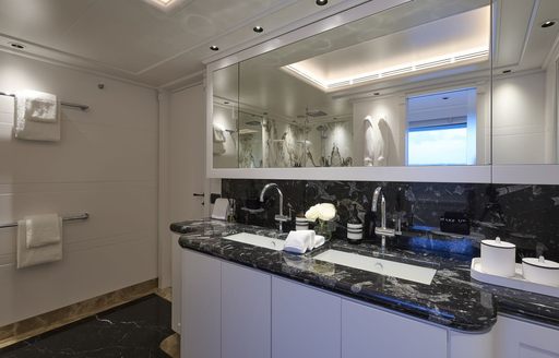 Private en suite facilities onboard charter yacht ARBEMA, dual sinks with large mirror above