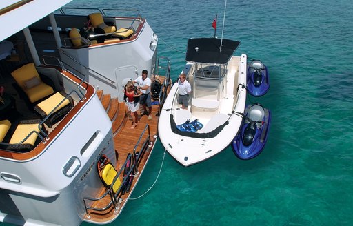 aerial shots shows off the swim platform and tender of charter yacht ‘Lady J’ 