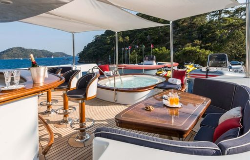Overview of the sun deck onboard charter yacht OLYMPUS