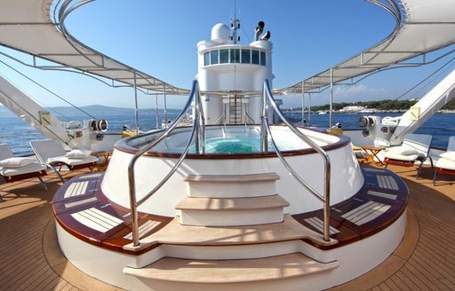 The jacuzzi on the sundeck of luxury yacht SHERAKHAN