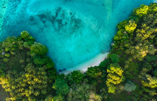 blue waters leading to white sandy beach and jungle at raja ampat islands