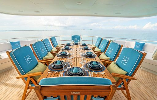Alfresco dining layout on the aft deck of charter yacht NEVER ENOUGH