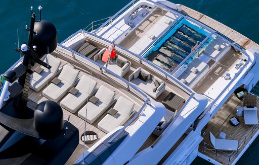 lady lena superyacht by sanlorenzo, aerial view of aft decks with sun loungers and pool