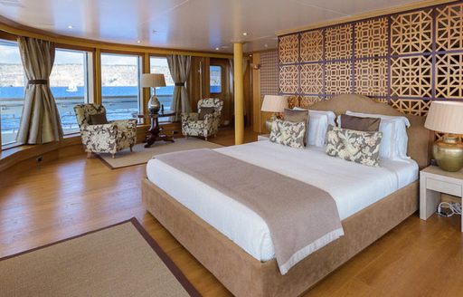 beautifully-styled master suite with oriental design influences on board motor yacht BOADICEA 