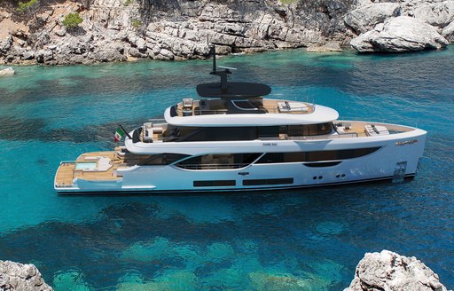 Brand new for 2022, Benetti superyacht UNKNOWN cruising through crystal clear waters in the Mediterranean