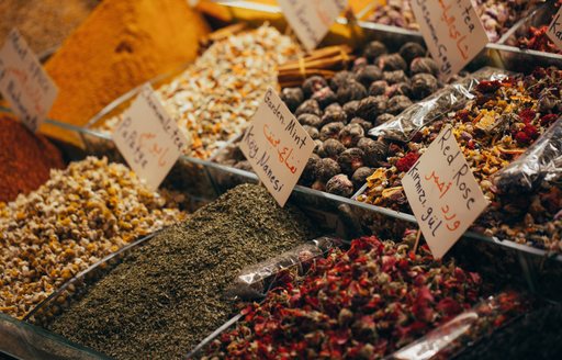 Spices in stalls at market in Turkey