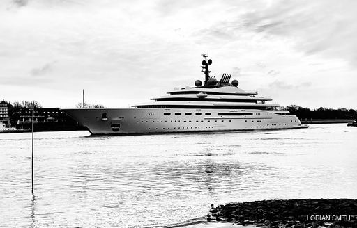 Exterior view of superyacht Blue who his heading north for sea trials