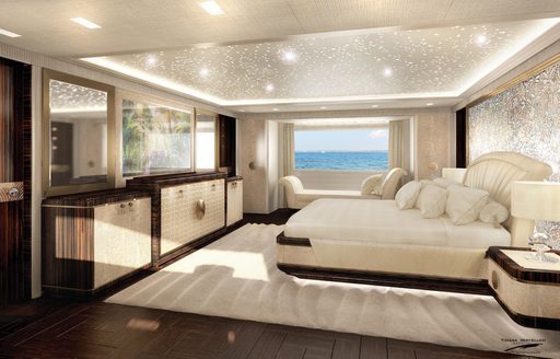 bright and airy master stateroom of motor yacht scorpion overlooking the Mediterranean sea