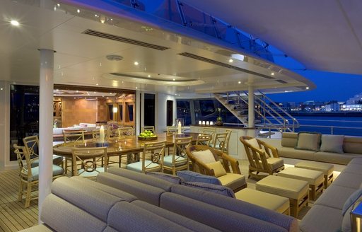 Aft deck seating and dining on board Lady Sheridan yacht