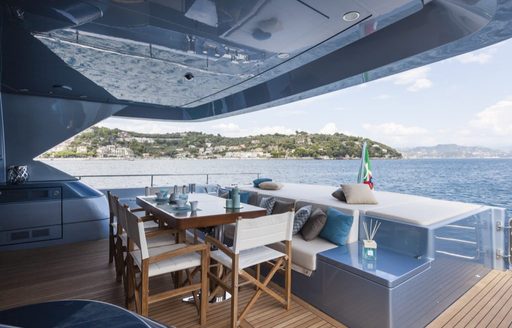 Aft main deck onboard charter yacht 55 FIFTYFIVE, alfresco dining option under the overhang