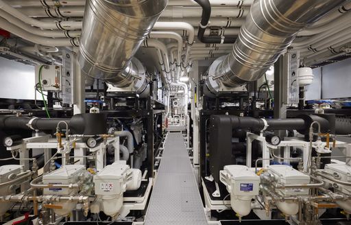 Overview of the engine room onboard the superyacht OBSIDIAN.