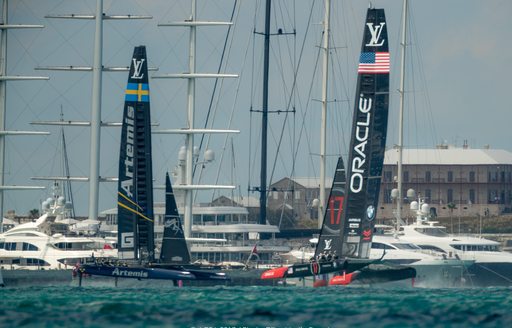 Artemis Racing and ORACLE TEAM USA practicing in Bermuda for the America's Cup