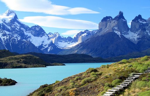 Wooden steps for hikers exploring the wilderness of Patagonia, South America.