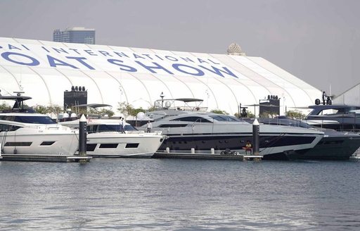 Motor yachts berthed at the Dubai International Boat Show