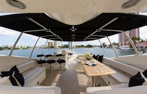 Overview of the flybridge onboard charter yacht CATALANA, a dining area is located starboard with a wet bar to port.