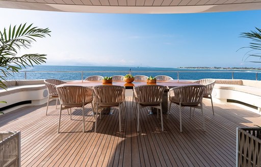 Alfresco dining area onboard private yacht charter GALILEO