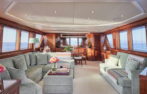 Main salon onboard charter yacht MIA ZOI, spacious lounge area with abundant windows