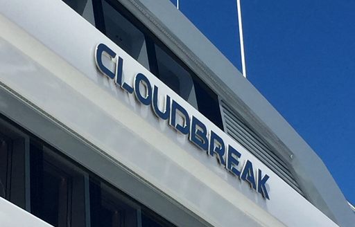 up-close shot of logo on superstructure of superyacht CLOUDBREAK at FLIBS 2017