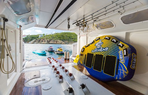 water toys in transom of luxury yacht ‘Sea Falcon’ 