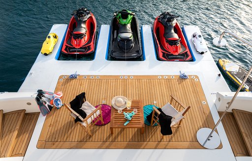 water toys prepared for guests on a luxury yacht vacation by the helpfull crew of their superyacht 