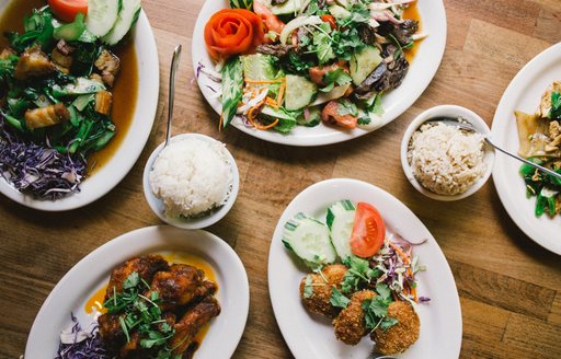 Aerial view of Thai food on table 