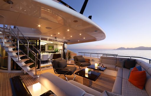 Aft deck seating on luxury yacht AURELIA, the perfect platform for Italy yacht charters