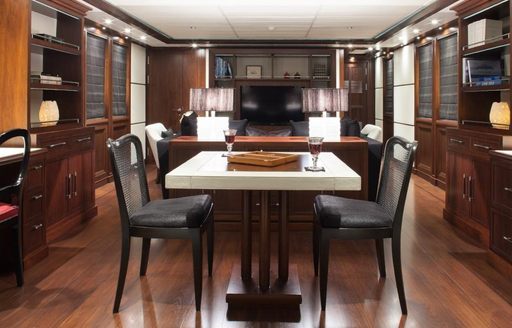 The formal dining space featured on board motor yacht Ice Lady