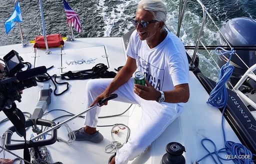 dan lenard on board sailing yacht scia after completing his voyage