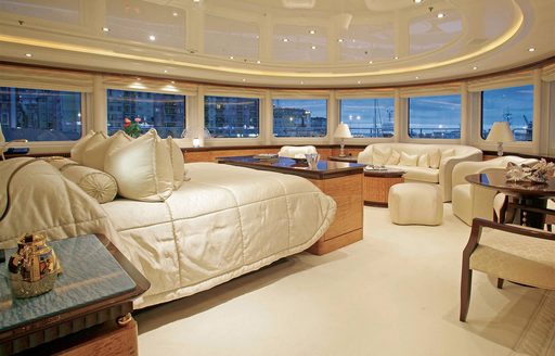 luxury motor yacht LADY LOLA master suite with many windows