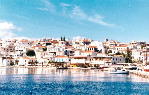 port-side houses in Ermioni Bay in Peloponnese, Greece