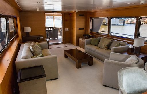 motor yacht SIMA salon with television leading to aft deck