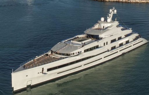 benetti superyacht fb 277 on the water after being launched, aerial shot