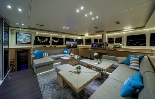 sumptuous seating in the main salon of luxury catamaran Ocean View