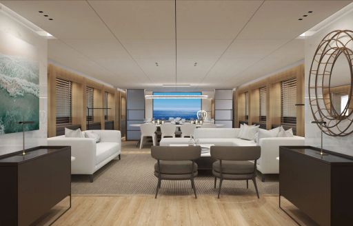 Overview rendering of the main salon onboard charter yacht MAESTRO