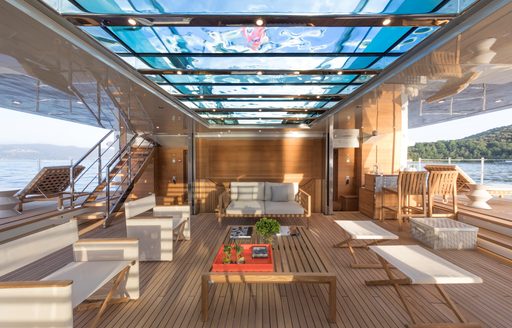 Beach club interior on board charter yacht SEVEN SINS