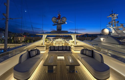 Sun deck and seating area on charter yacht Liquid Sky