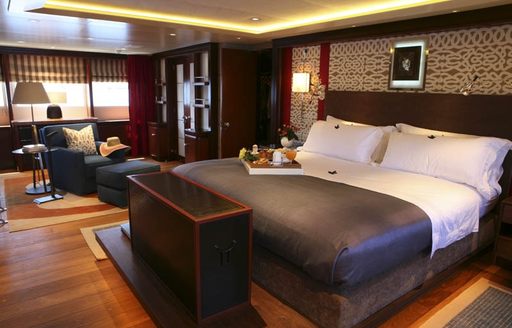 luxury motor yacht PEGASUS master suite with lounging area