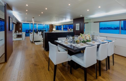 Dining set-up on board superyacht LIONSHARE