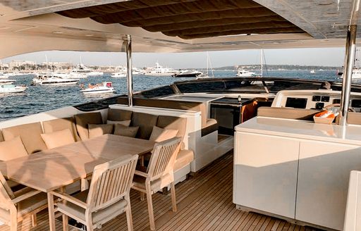 flydeck of charter yacht panthours with dining table