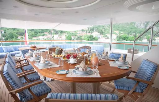 Alfresco dining set up onboard charter yacht JO I 