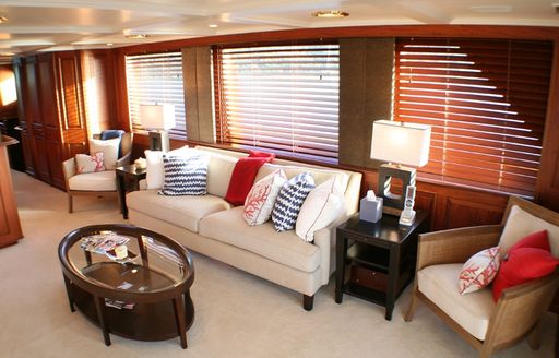 comfortable lounge in skylounge of motor yacht ‘Lady J’ 